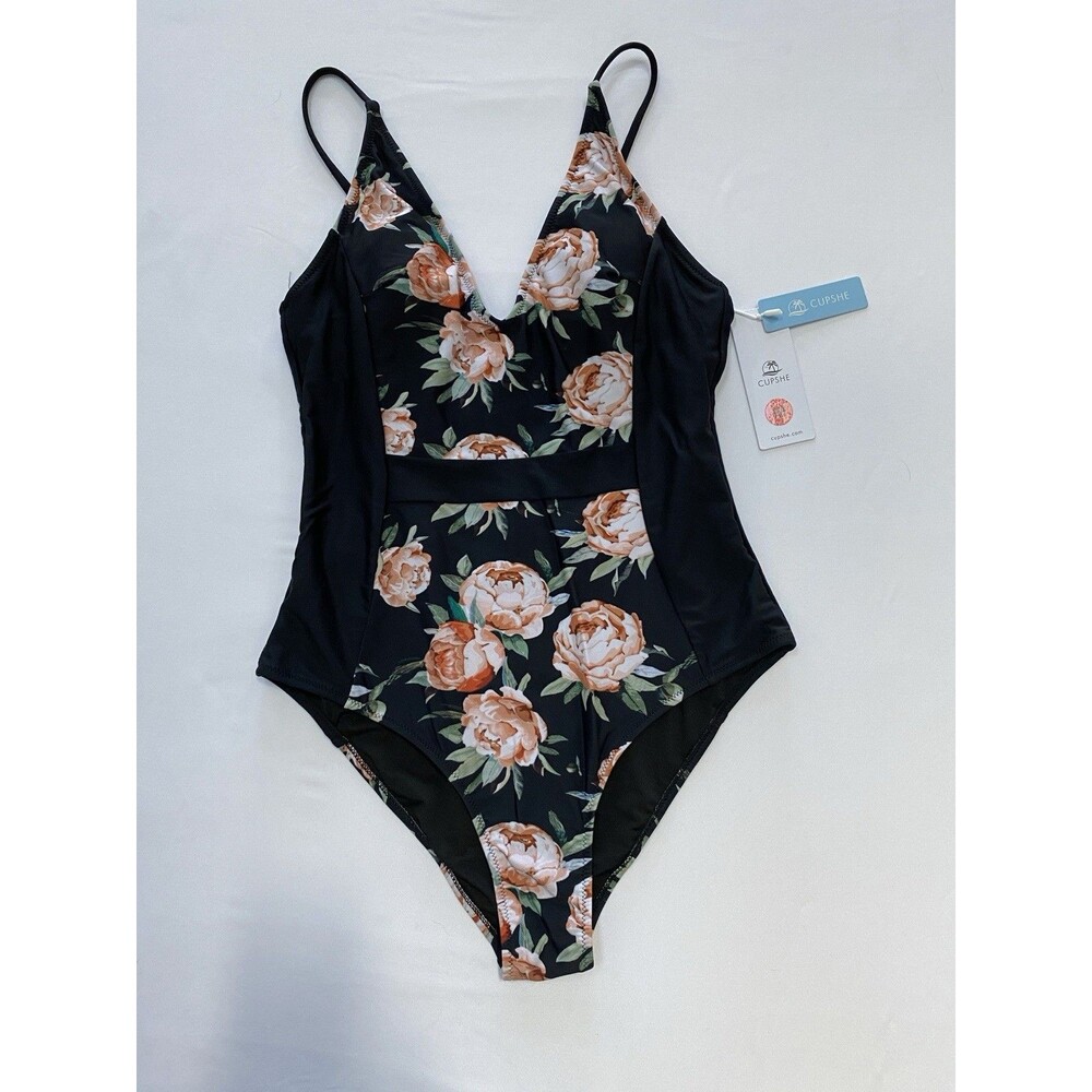 CUPSHE New With Tags Floral Plunge One Piece Swimsuit M V Neck Monokini Black